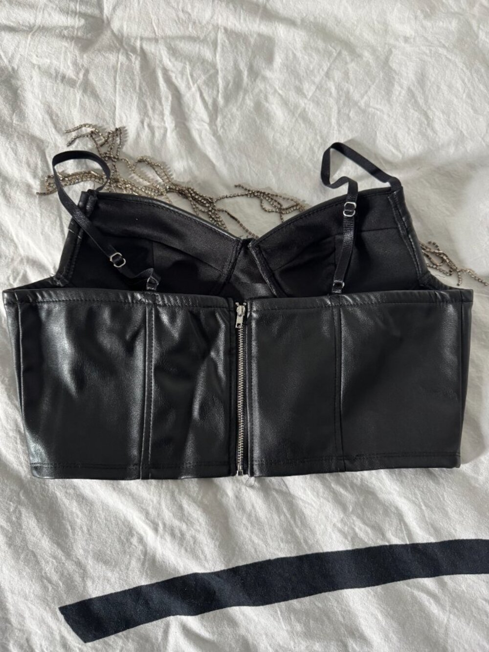 Like New Black Rhinestone Faux Leather Bustier Top Sz L - Picture 5 of 5